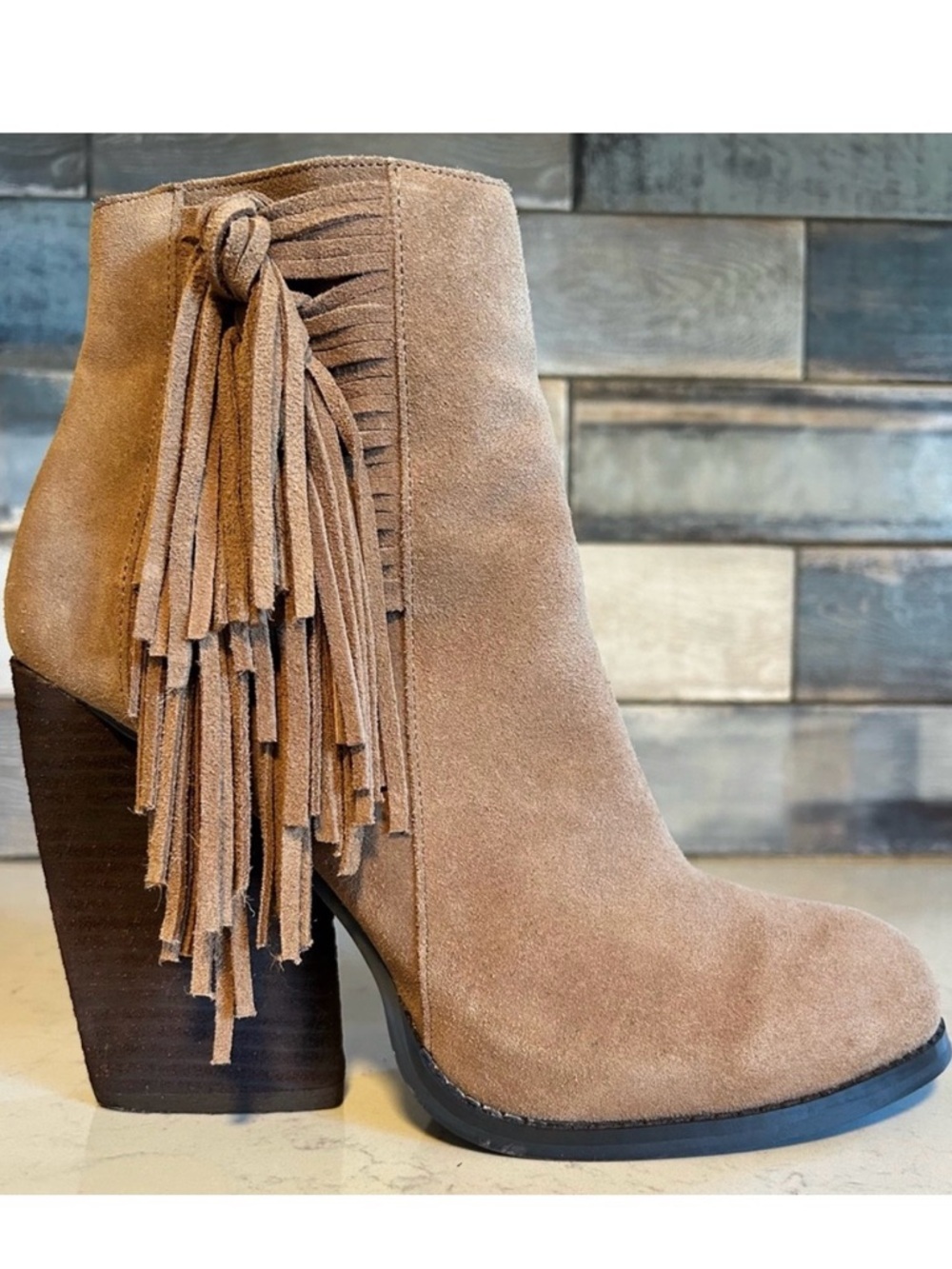 Very Volatile Dreamcatch Suede Leather Fringe Stacked Block Heel Ankle Boots
